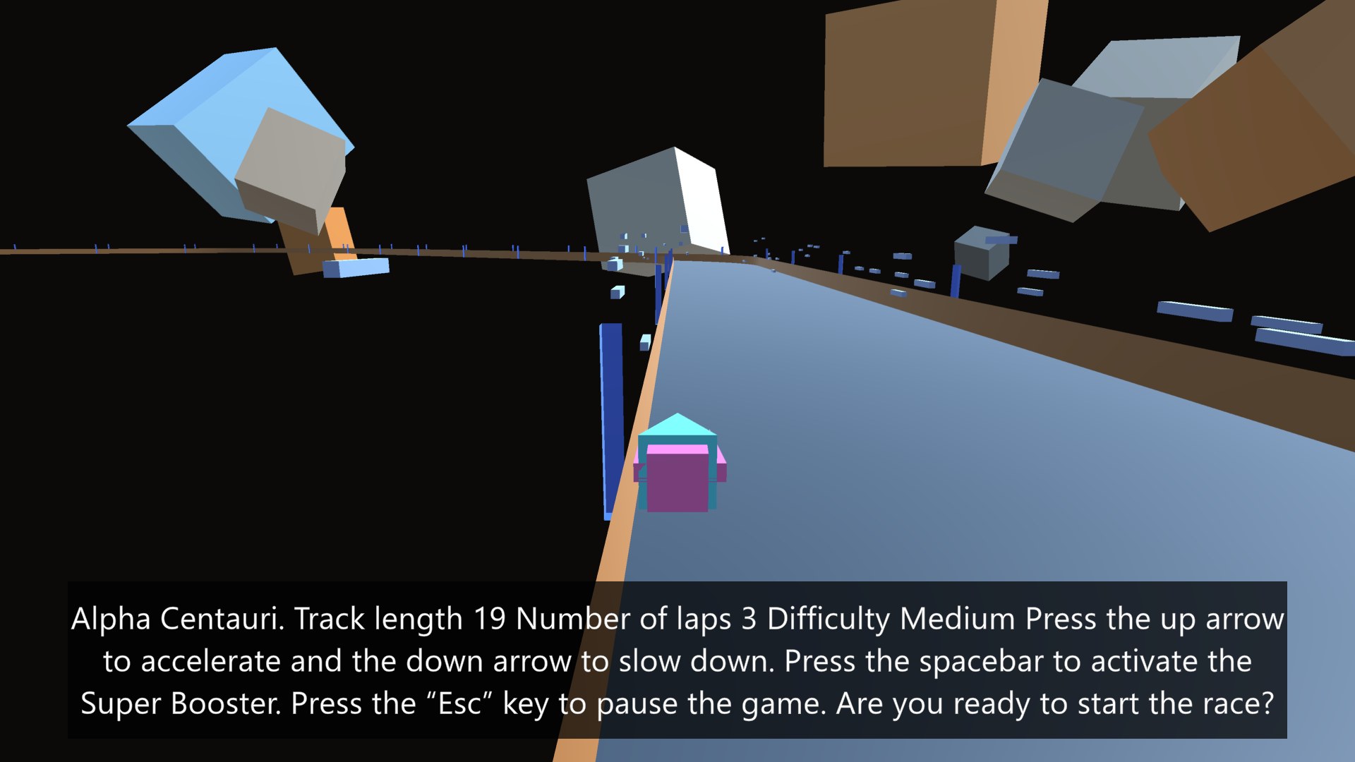 Racing on Alpha Centauri: the ship on a blue track, with the spoken instructions written on screen as a subtitle.