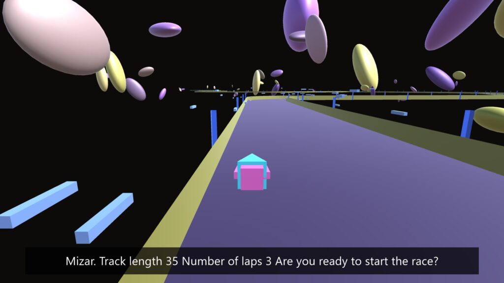Racing on Mizar: a violet track surrounded by floating shapes.
