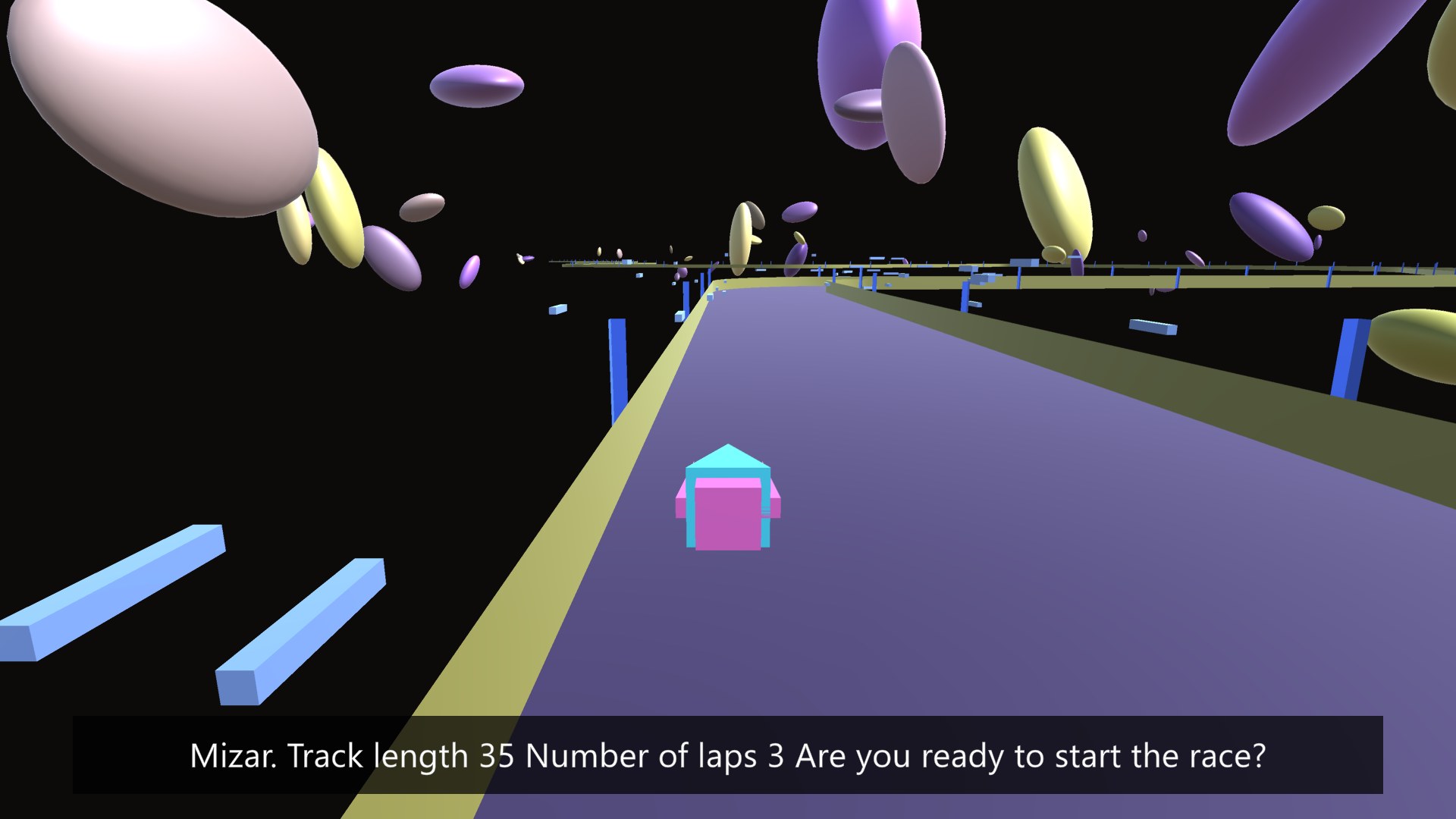 Racing on Mizar: a violet track surrounded by floating shapes.