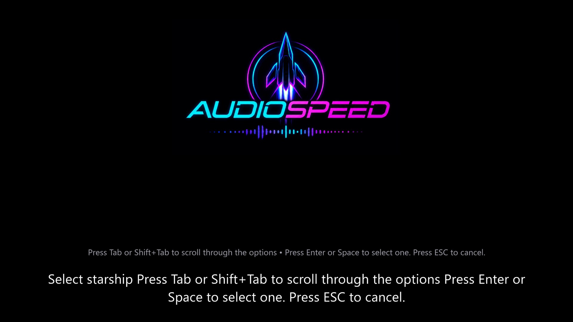 Ship selection screen, with the stats of the selected starship read out loud and subtitled.